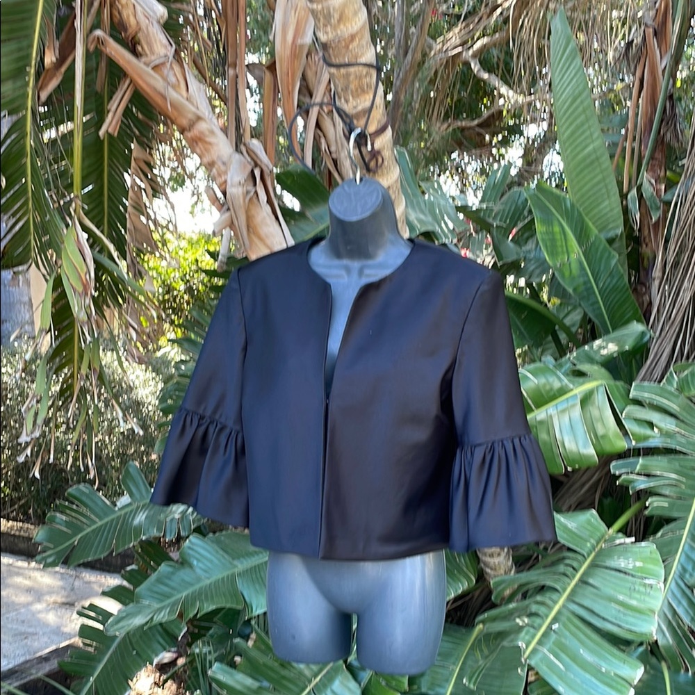 Jessica Howard evenings, black satin jacket with ruffled sleeves